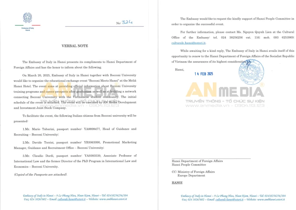 Công văn của đại sứ quán Italy về tổ chức sự kiện và AN Media