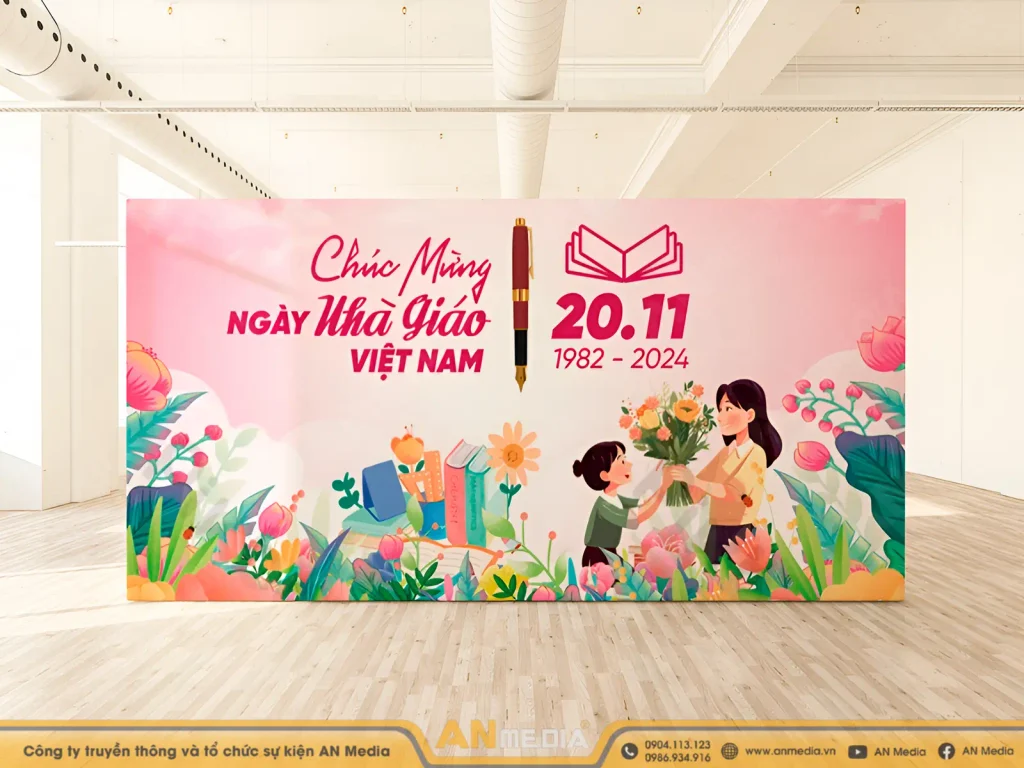 Backdrop 20/11 kết hợp hình ảnh thầy cô và học sinh